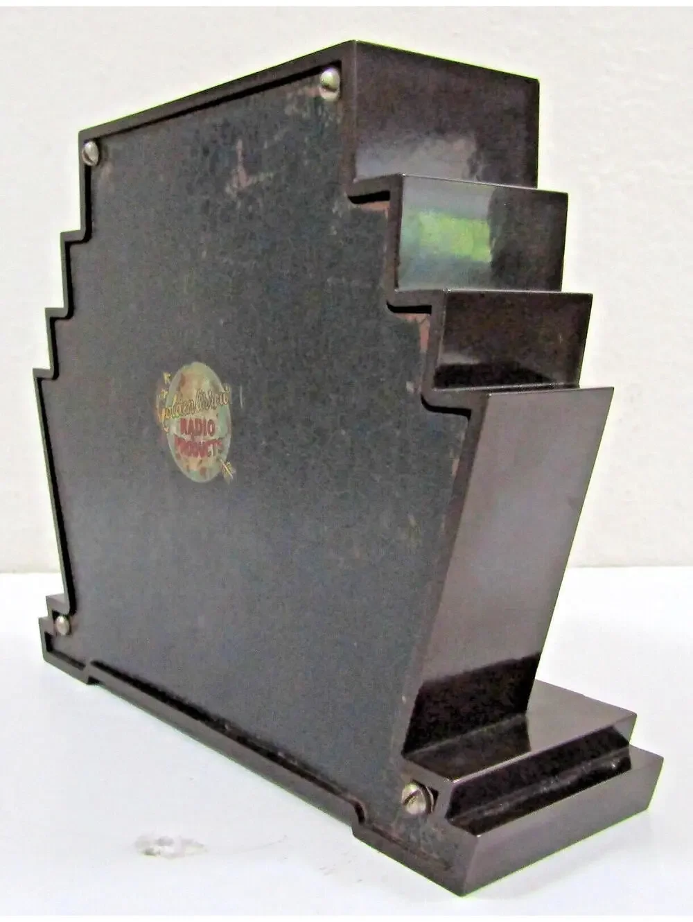 1930s Art Deco Swiss Made Brown Bakelite Desk Clock Golden Arrow Radio Products